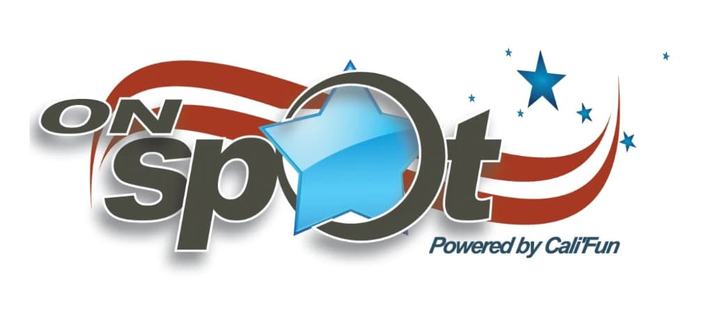 An early OnSpot logo: gray lettering with a blue star and red stripes, marked “Powered by Cali'Fun”.