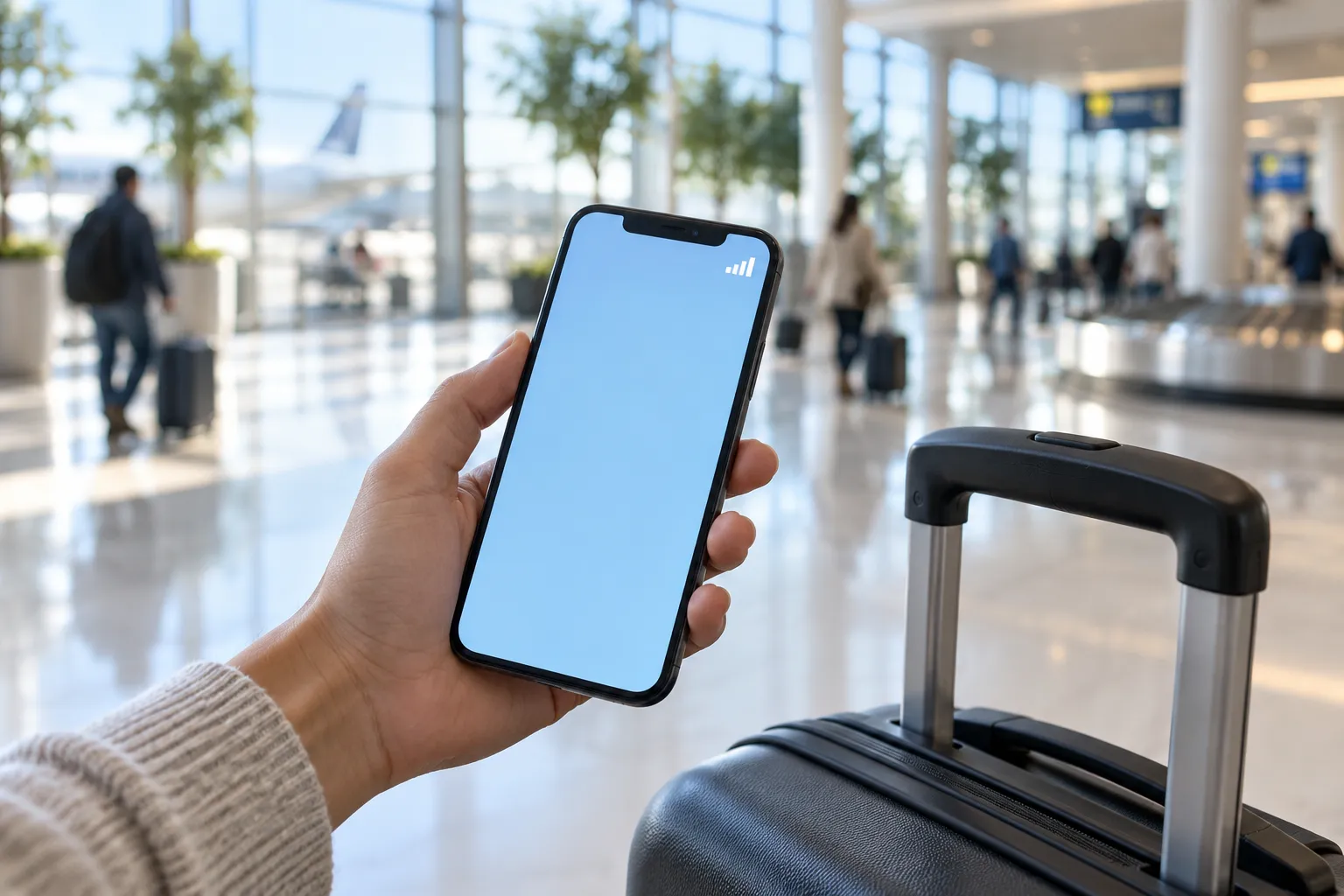 A traveler's hand holds a phone beside a carry-on suitcase in a bright airport arrivals hall.