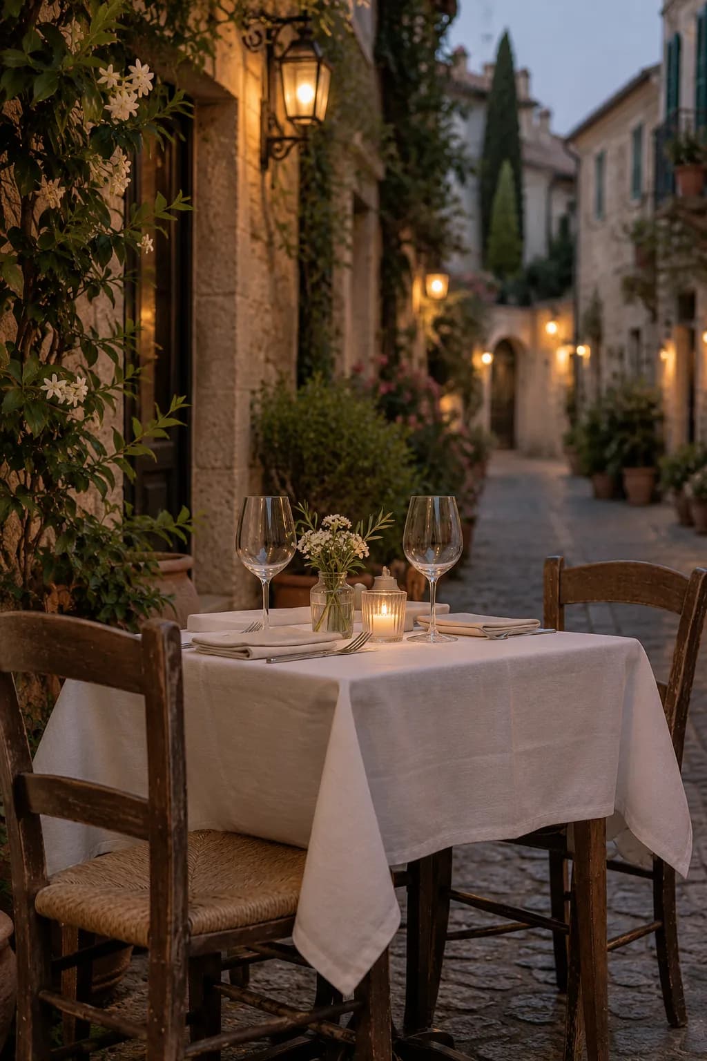 A restaurant terrace table set for two, a candle lit between the glasses
