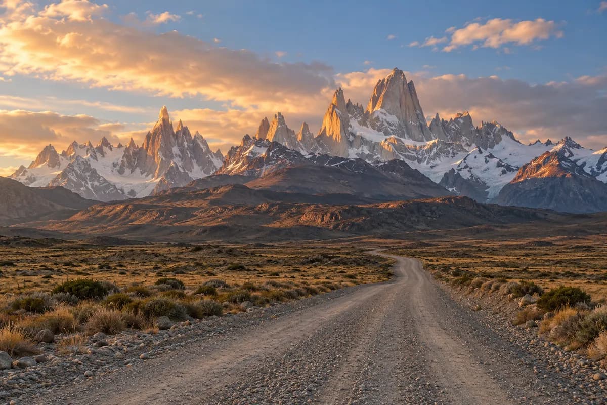 A gravel road across the Patagonian steppe toward the jagged Fitz Roy peaks.
