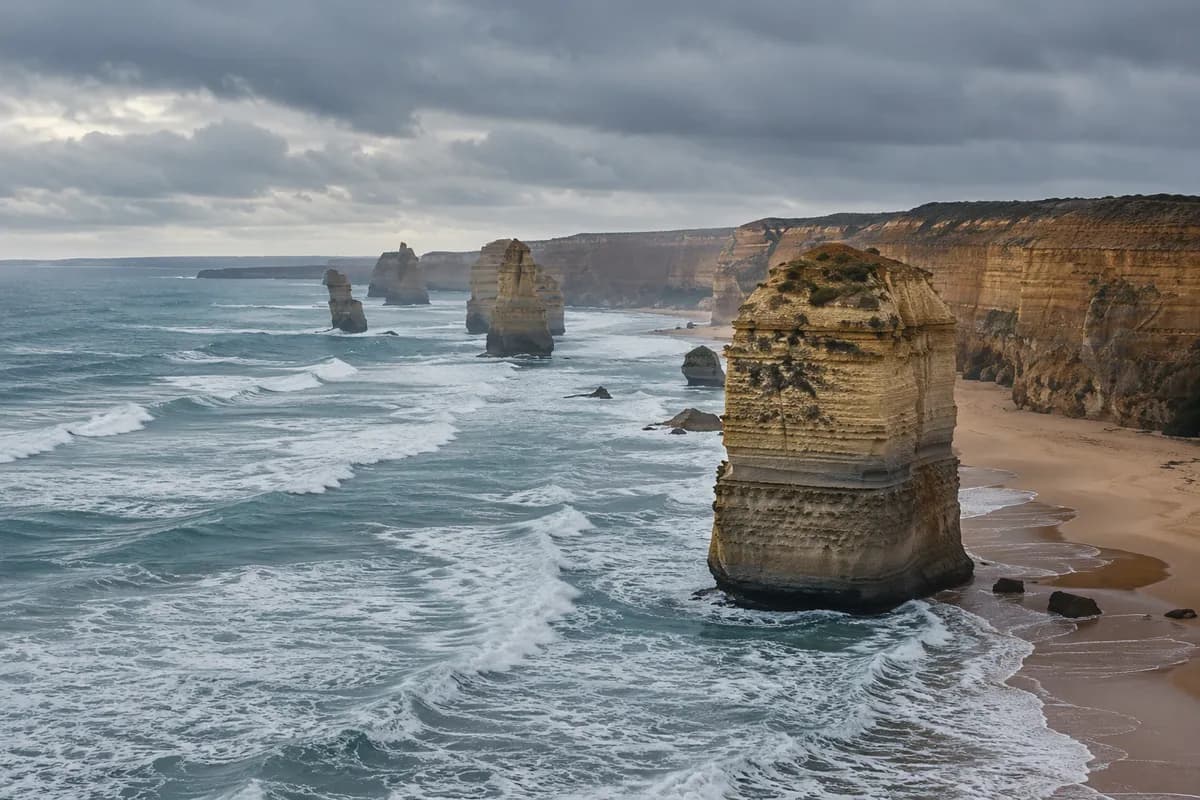 The Twelve Apostles sea stacks on the Great Ocean Road under an overcast sky.