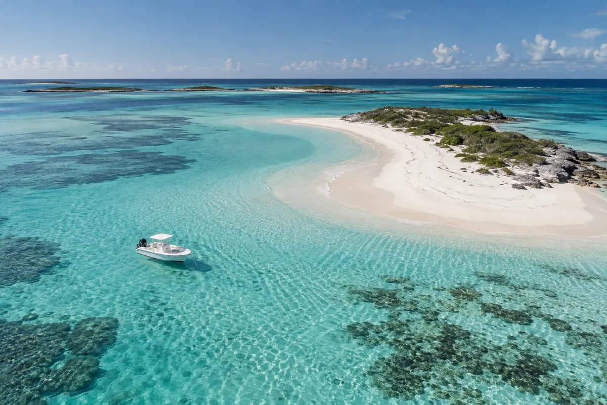 Shallow turquoise water around a white sand cay, seen from above.