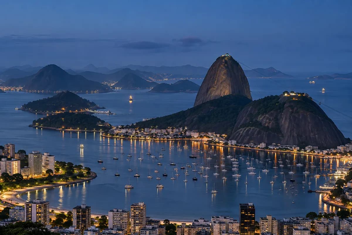 Rio de Janeiro's bay and Sugarloaf Mountain at blue hour.