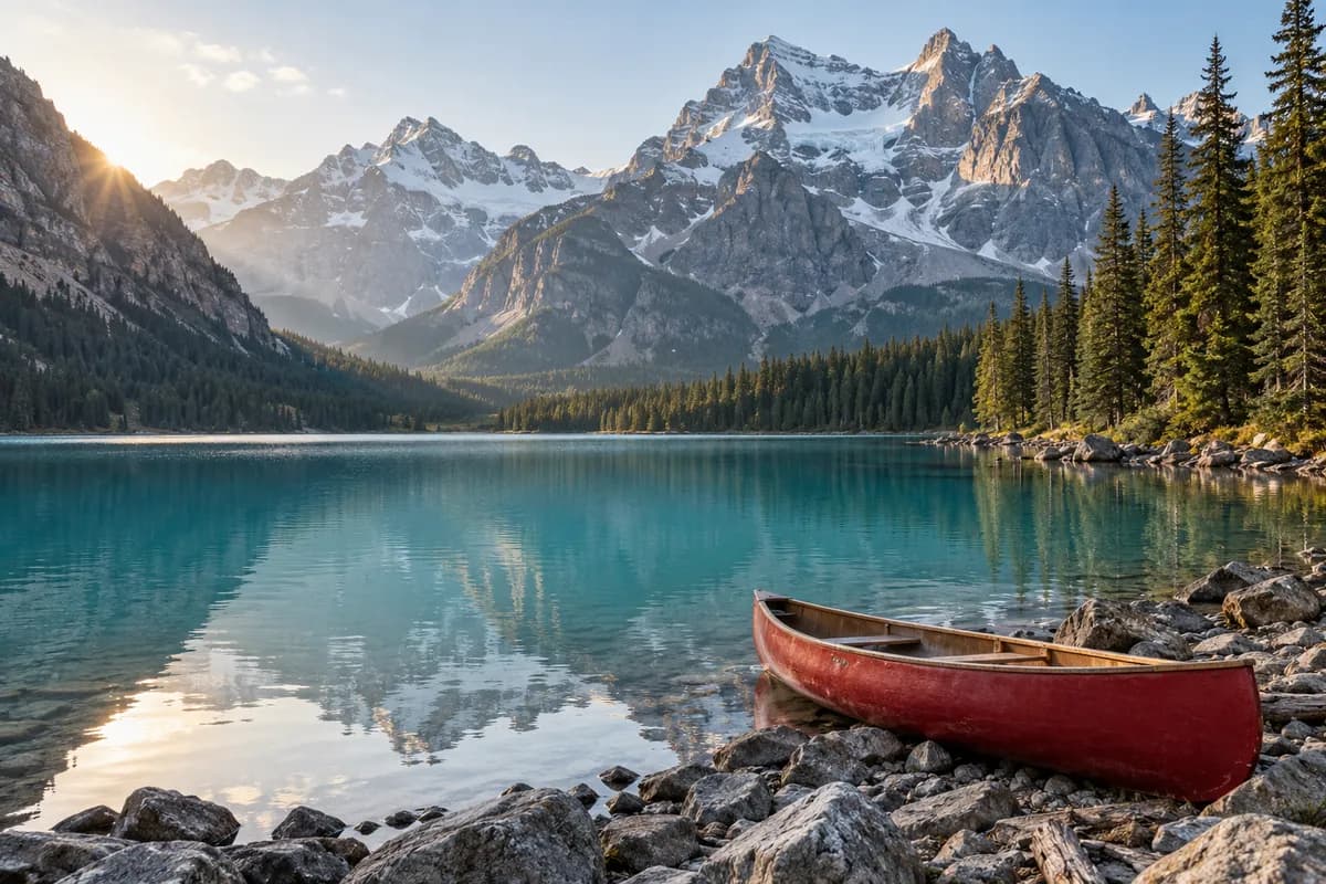 A red canoe on the shore of a turquoise lake below snow-capped Rocky Mountain peaks.