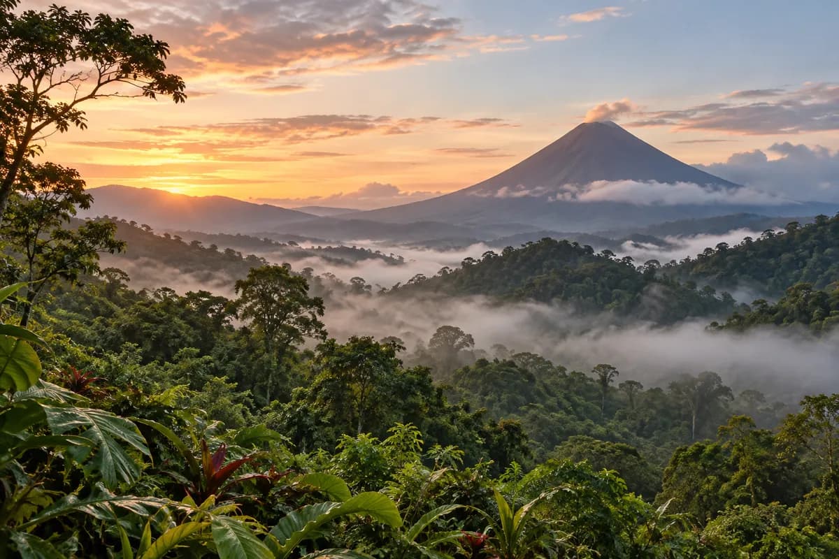 Mist between green cloud-forest hills, a volcano in the distance.