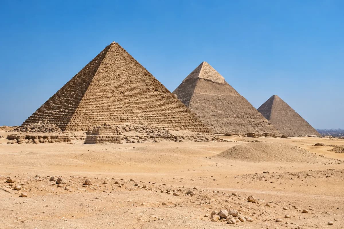 The pyramids of Giza under a clear midday sky.