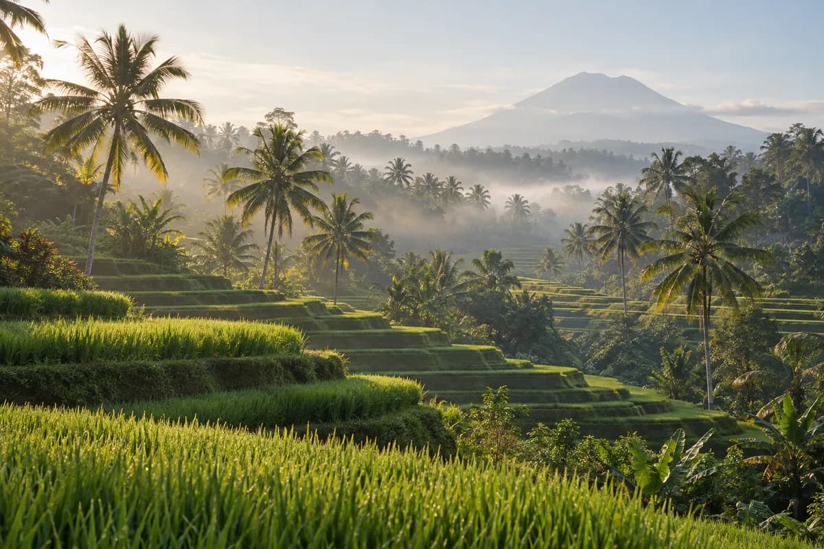 Terraced green rice fields and coconut palms in Bali in soft morning light.