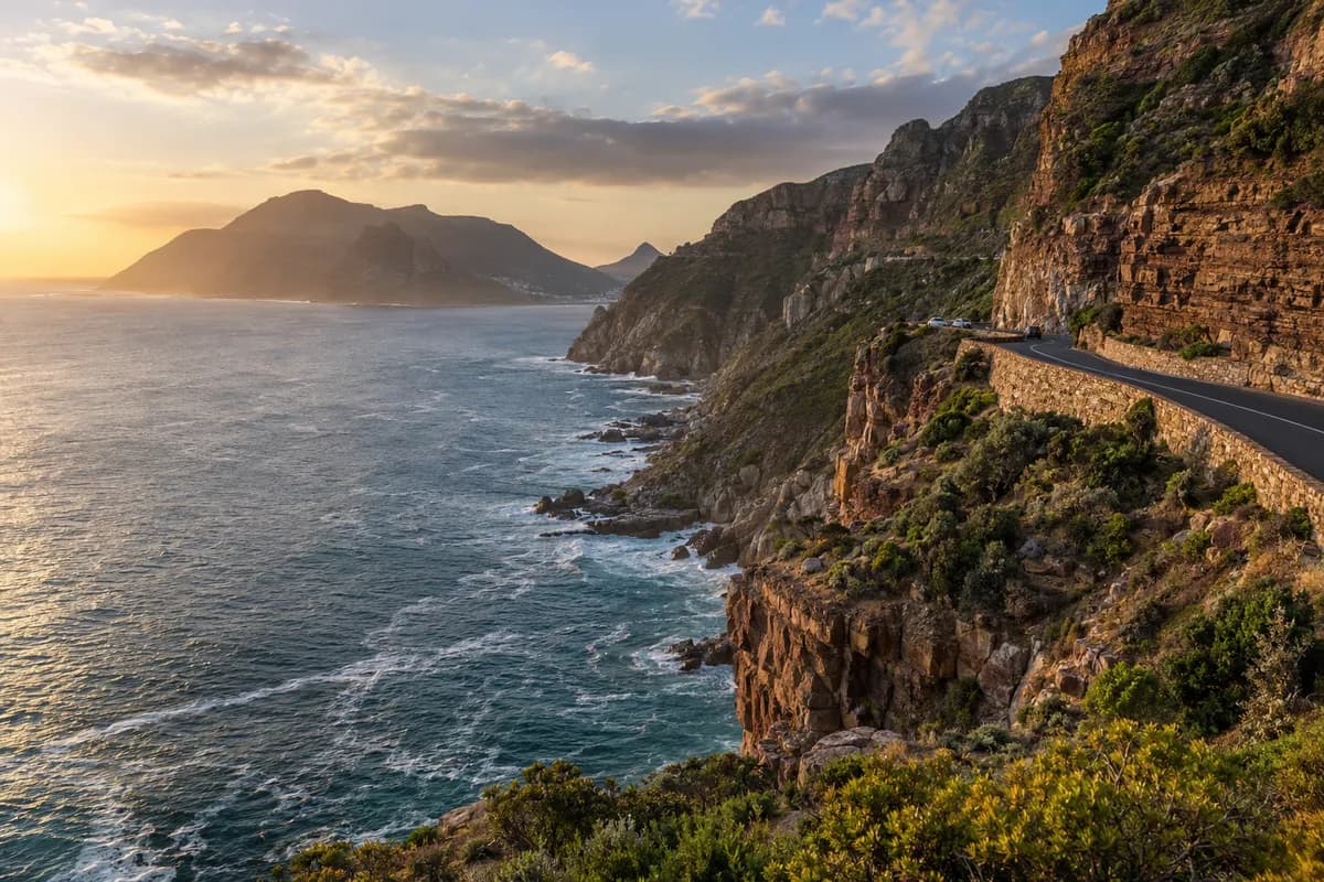 The coastal road at Chapman's Peak curving along cliffs above the Atlantic.