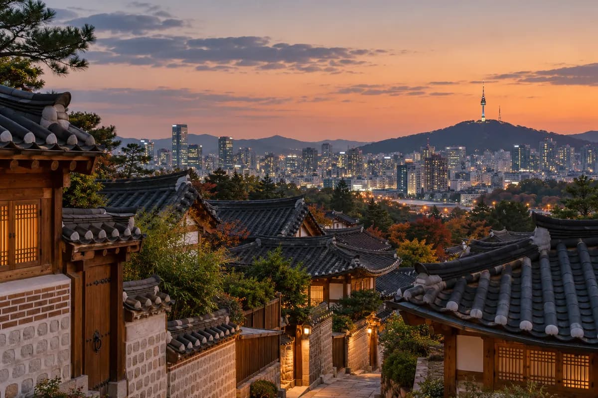 Tiled hanok rooftops on a Seoul hillside at dusk, the city lit beyond.