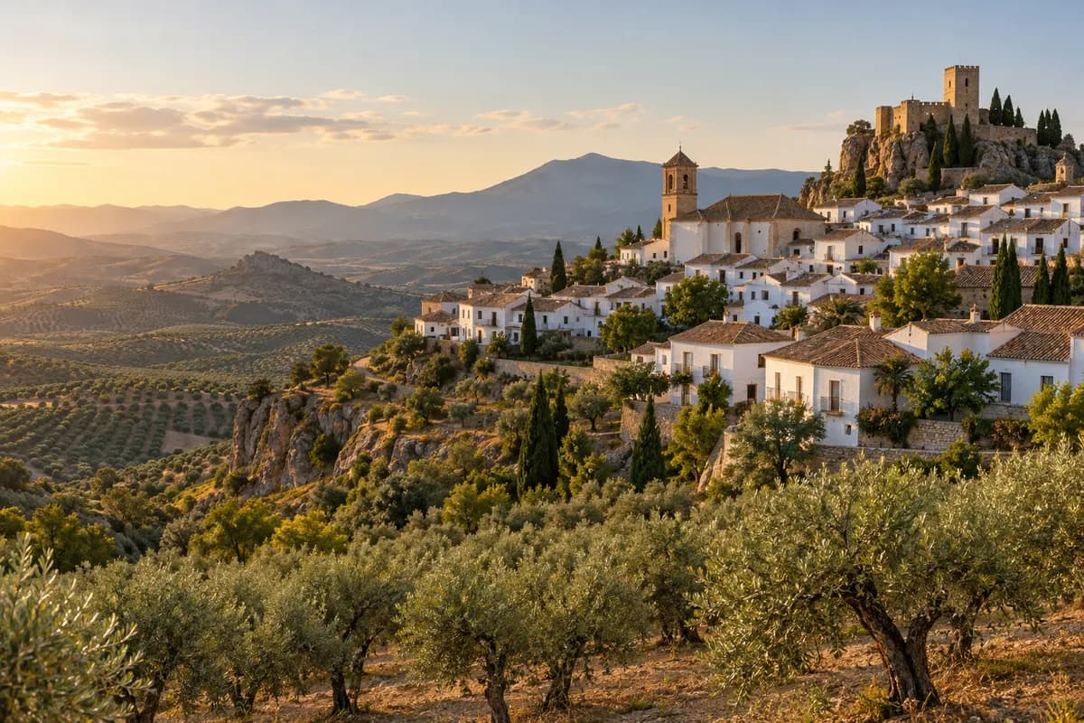 A white Andalusian hill village above olive groves in late-afternoon light.