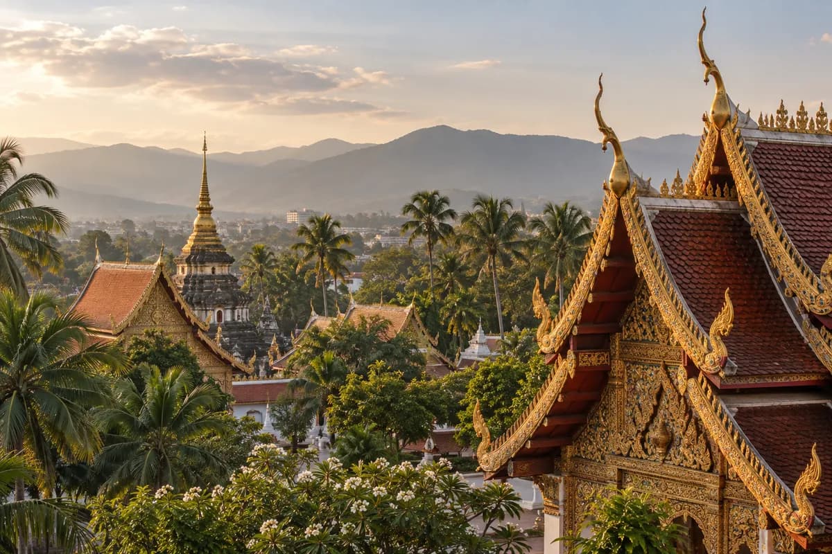 Ornate red-and-gold temple roofs in Chiang Mai among palm trees.
