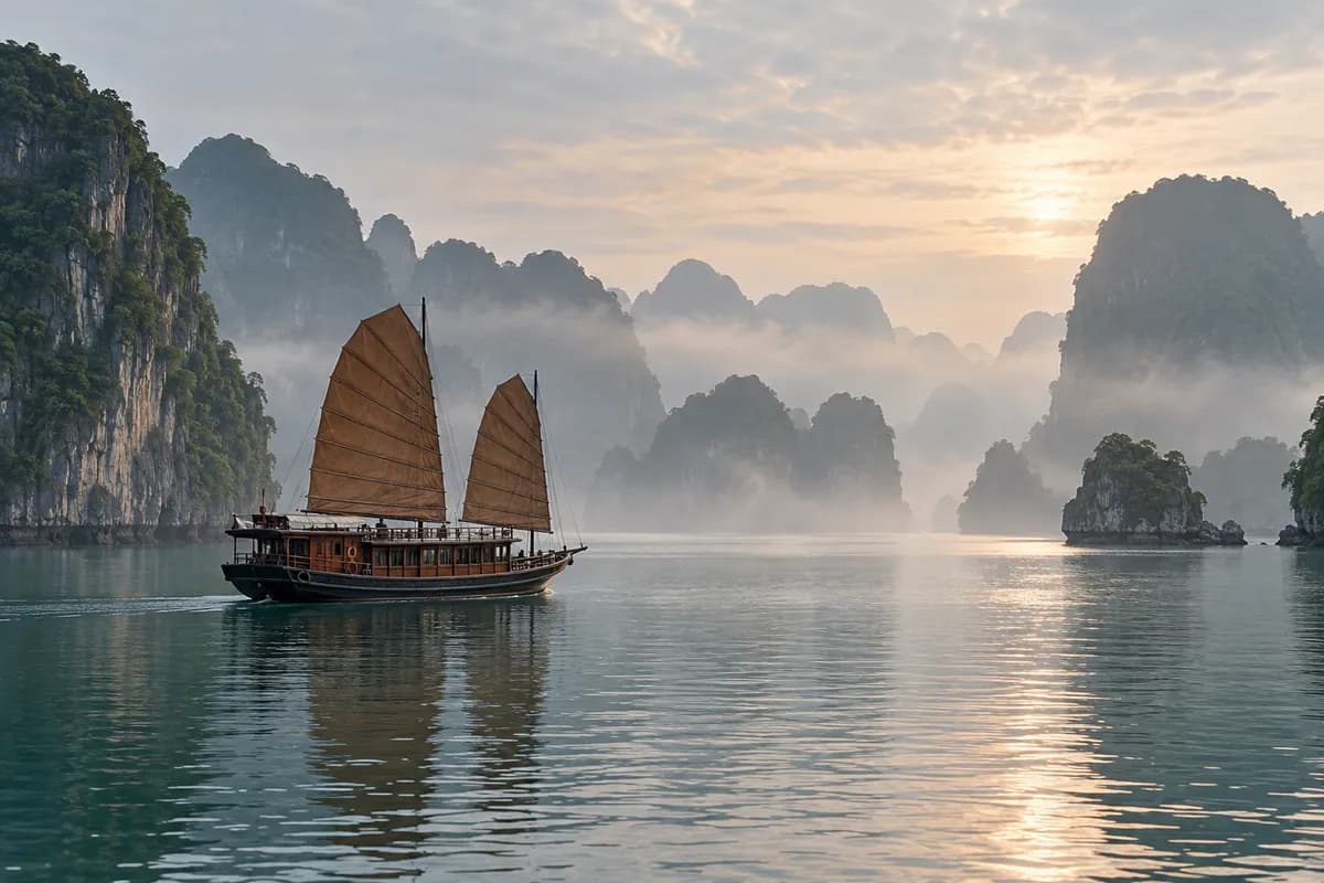 Limestone karst islands and a wooden junk boat in Ha Long Bay on a misty morning.