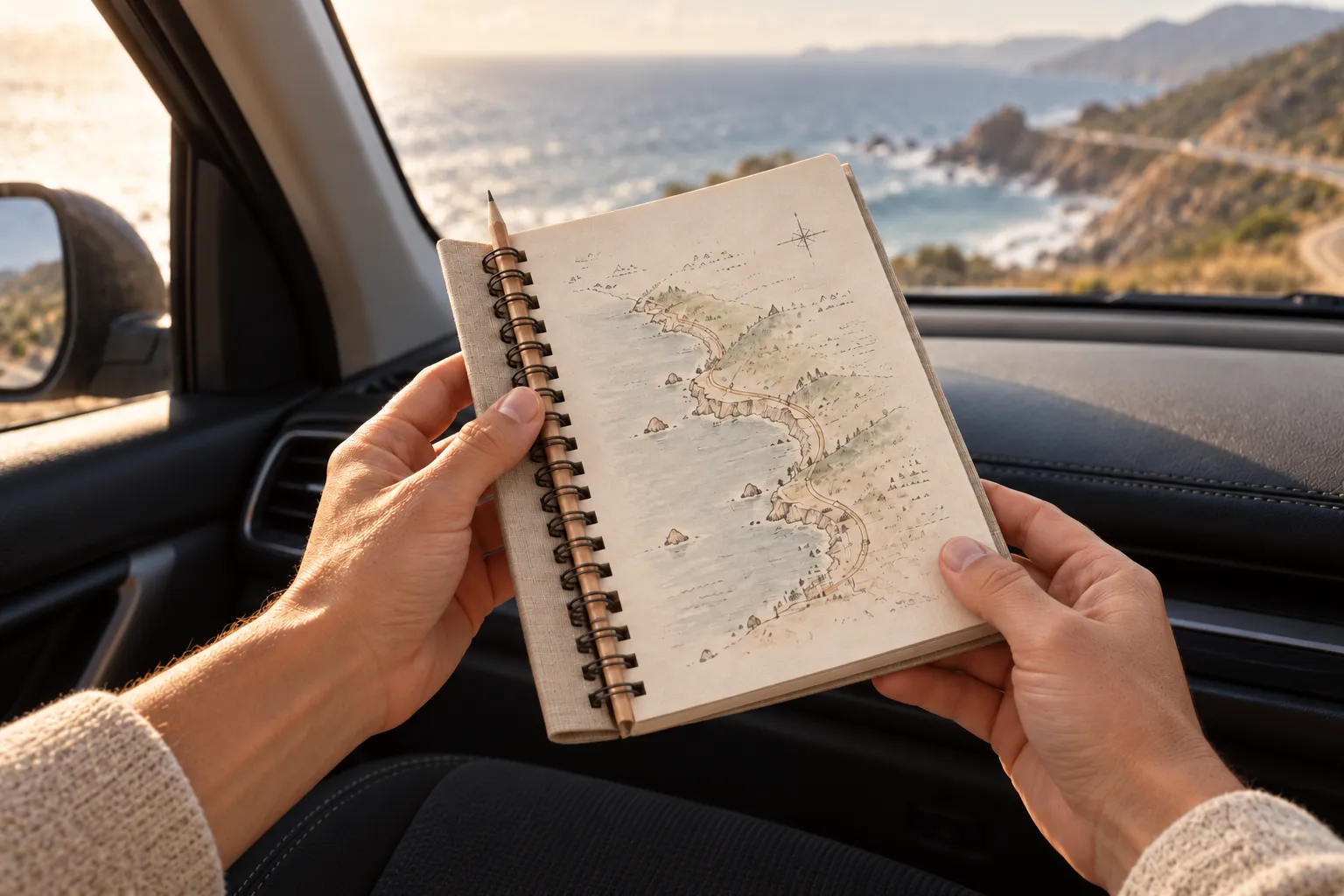 Two hands hold an open Roadbook showing a route map, in a car parked above the sea.