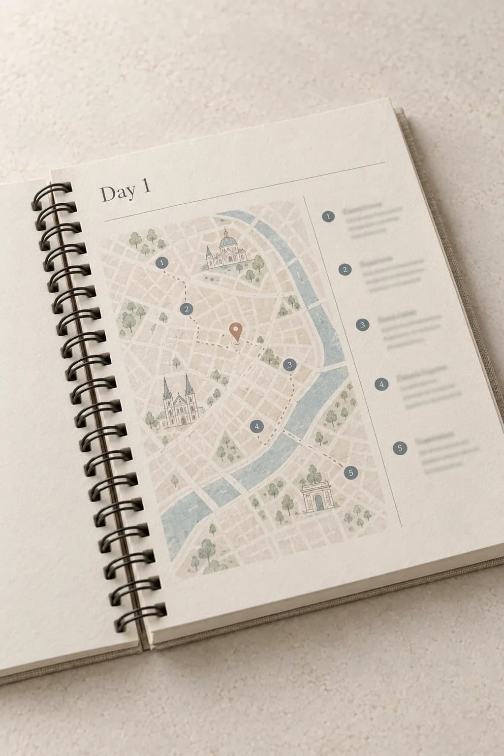 A Roadbook page close up: an illustrated neighborhood map around a hotel pin, with numbered places to visit.