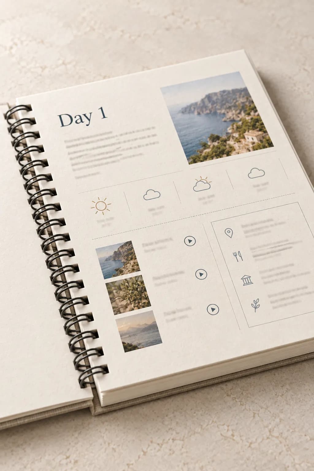A Roadbook page close up: a weather strip, a playlist block and a panel of local facts.