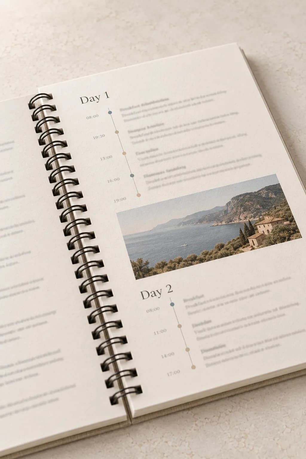 A Roadbook page close up: a day-by-day itinerary along a thin timeline, with a small landscape photograph.