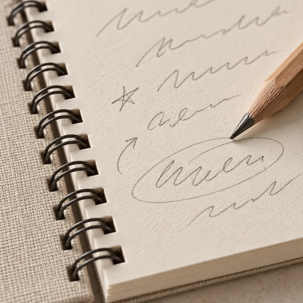 Close-up of pencil notes, a star and an arrow in a Roadbook margin.